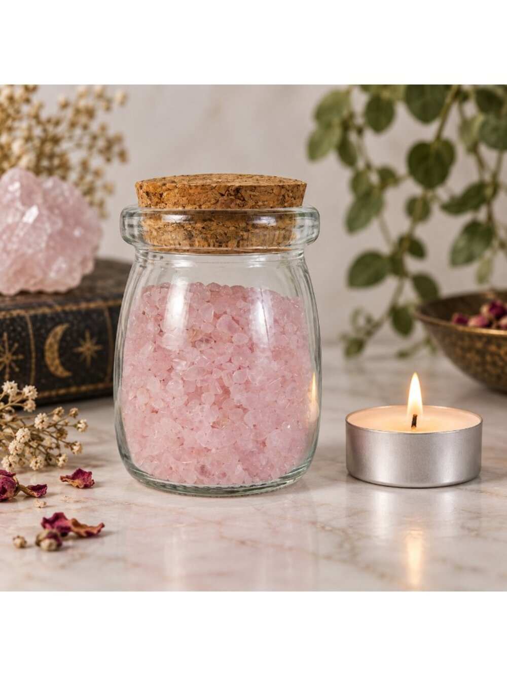 Rose Quartz Crystal Chips, 5 oz Glass Jar